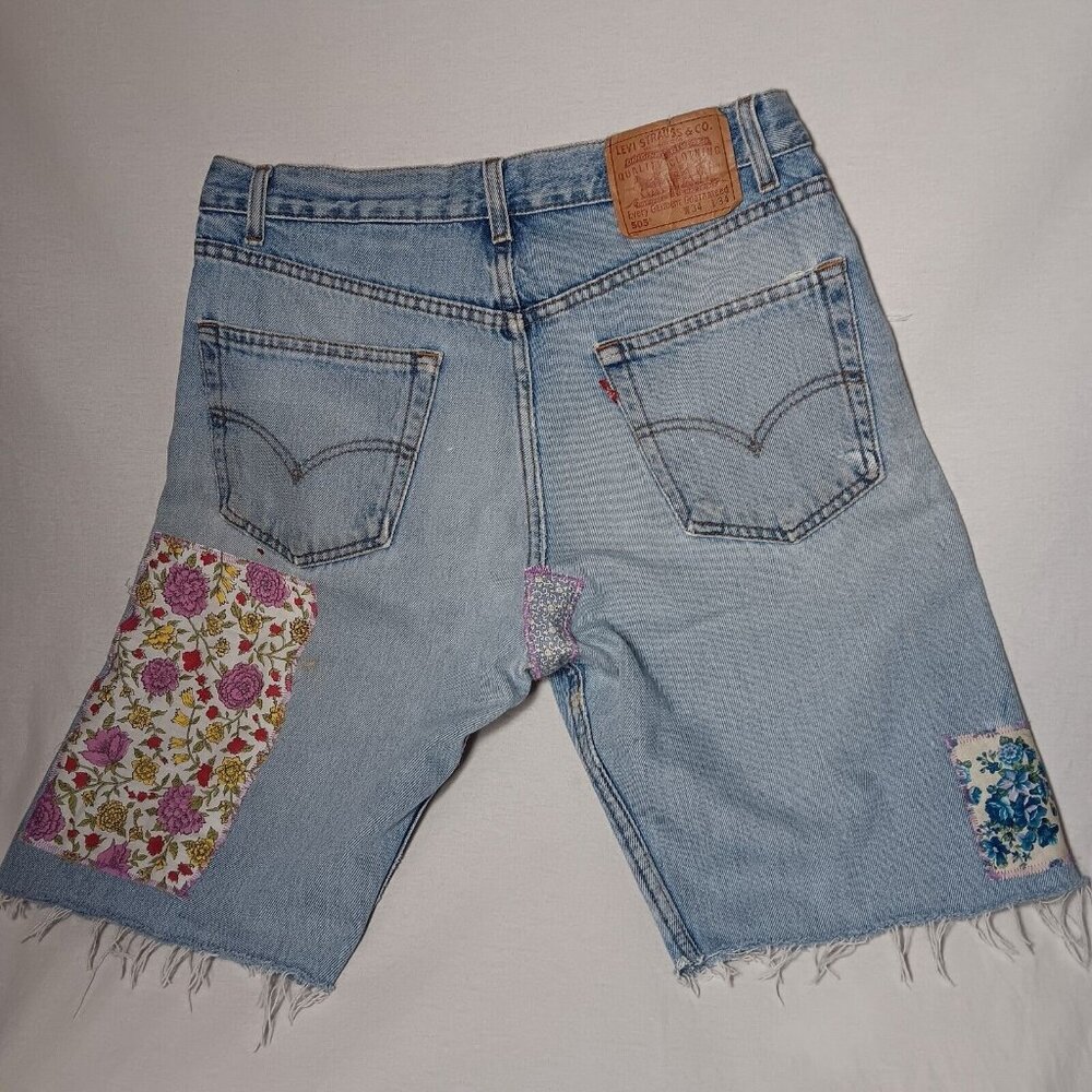 Jean Shorts Size 32 Patchwork Cottagecore Bonnet Girl Upcycl Distressed Floral - Picture 2 of 16
